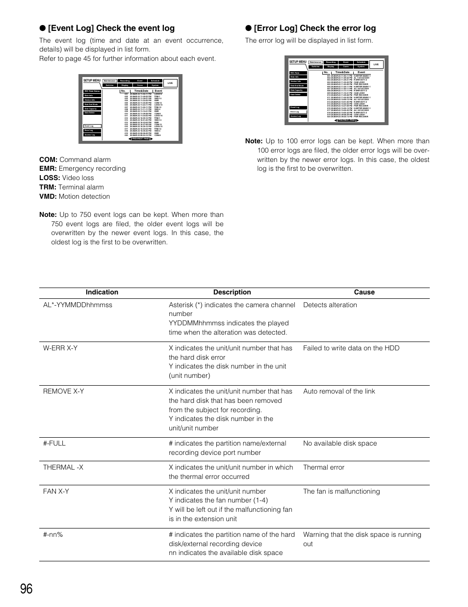 Event log] check the event log, Error log] check the error log | Panasonic WJ-HD309 User Manual | Page 96 / 164