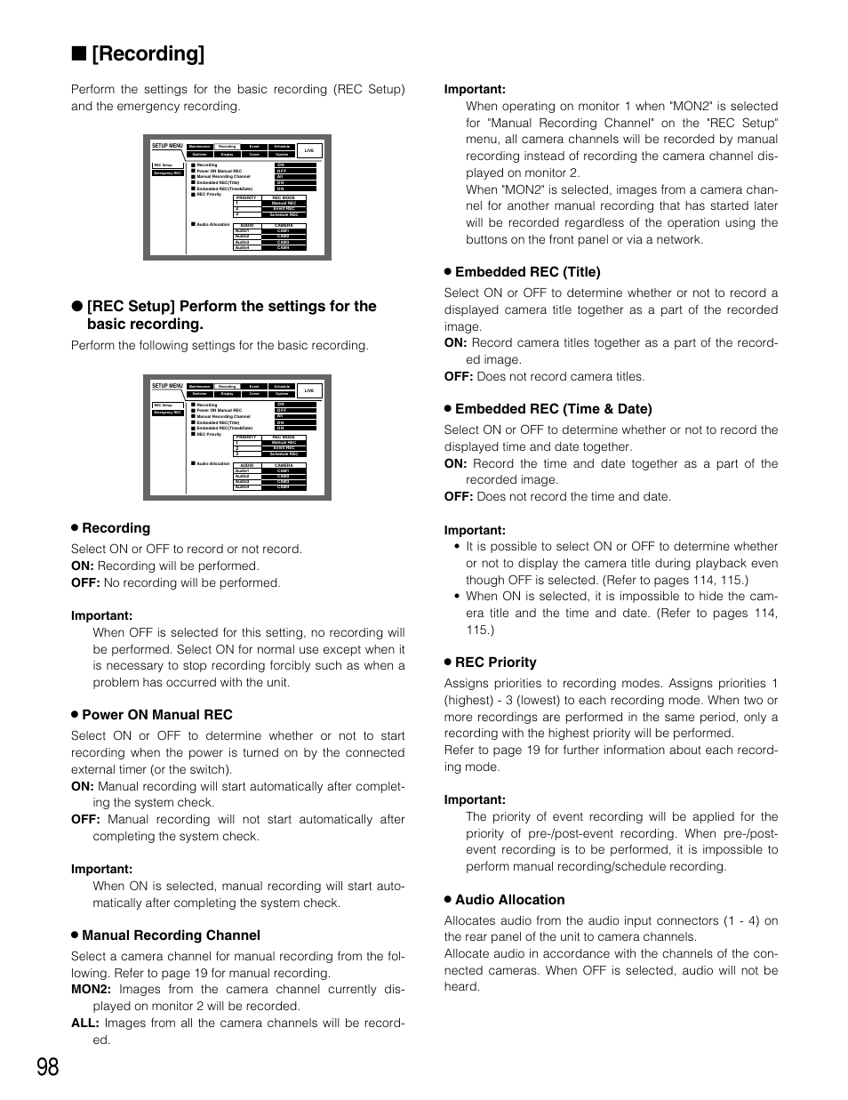 Recording, 8 recording, 8 power on manual rec | 8 manual recording channel, 8 embedded rec (title), 8 embedded rec (time & date), 8 rec priority, 8 audio allocation | Panasonic WJ-HD309 User Manual | Page 98 / 164