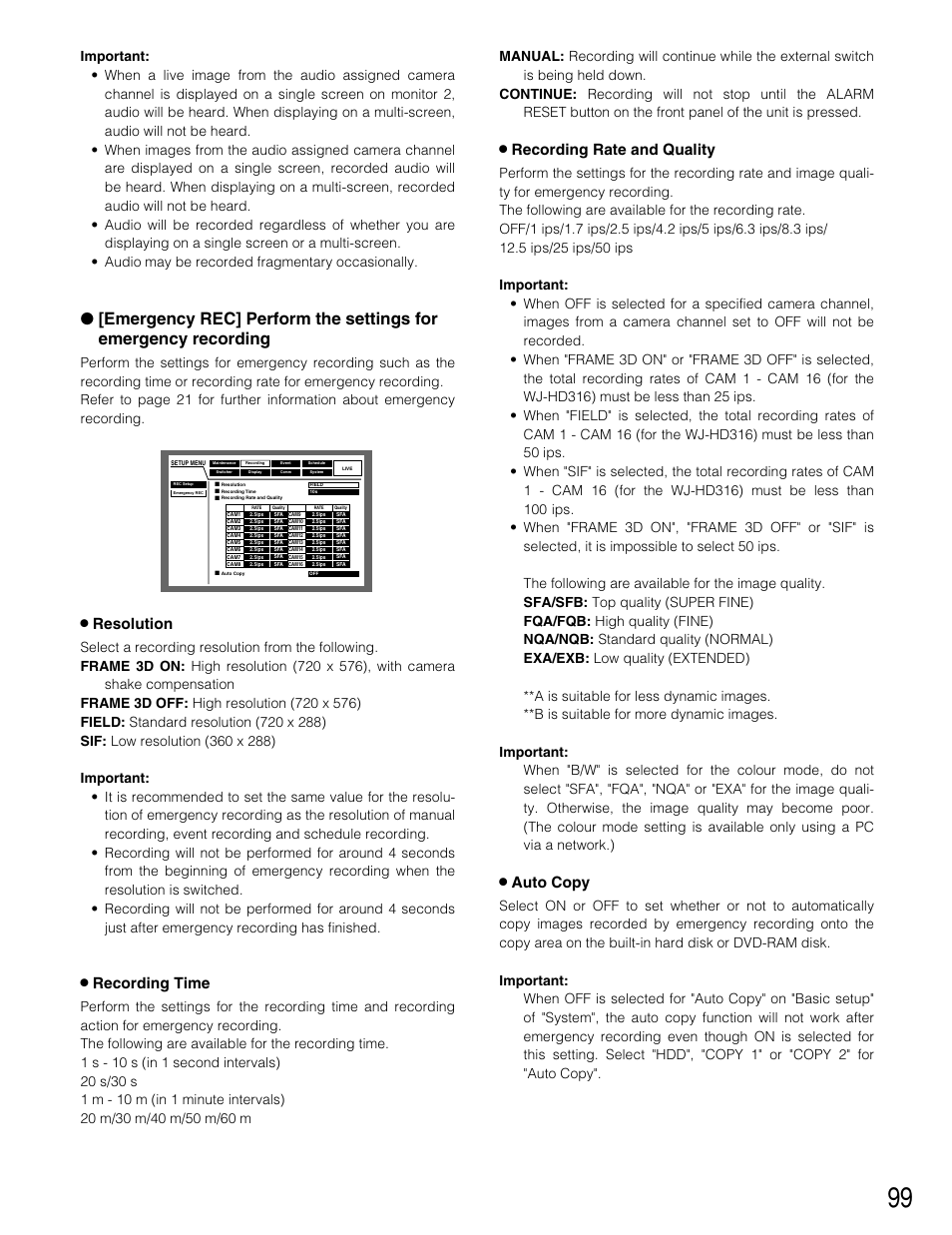 8 resolution, 8 recording time, 8 recording rate and quality | 8 auto copy | Panasonic WJ-HD309 User Manual | Page 99 / 164