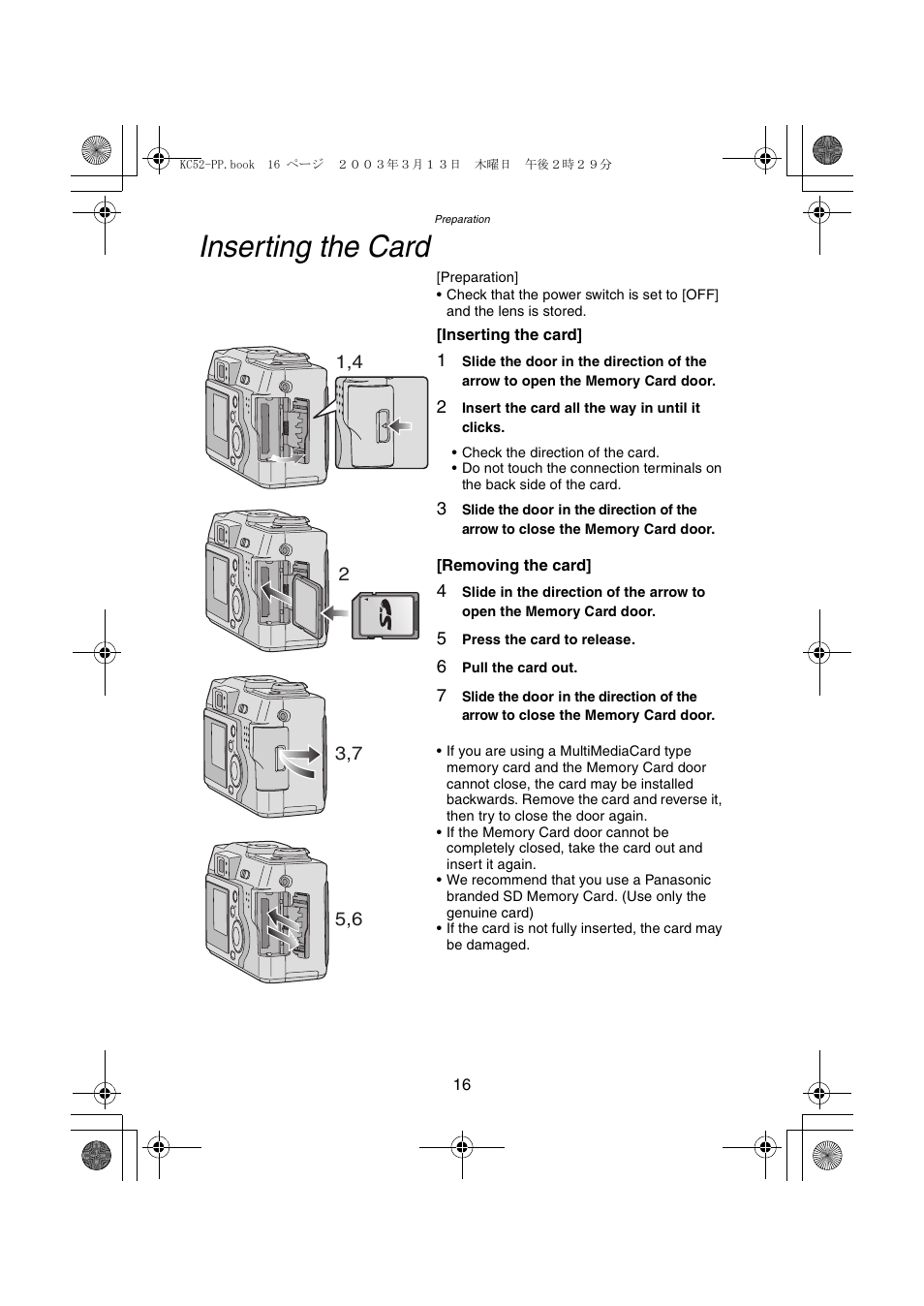 Inserting the card | Panasonic DMC-LC33PP User Manual | Page 16 / 104