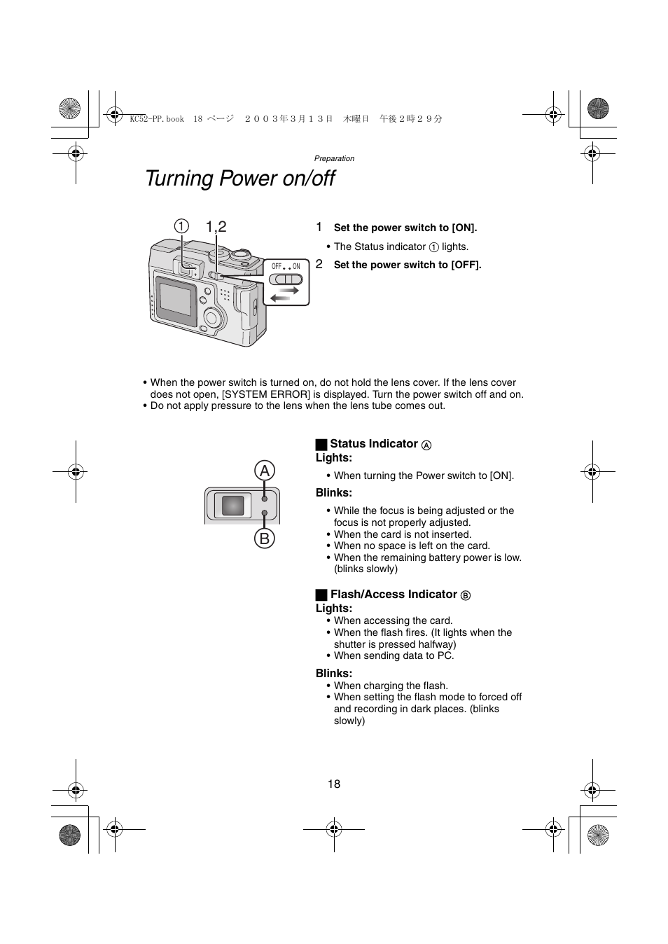 Turning power on/off | Panasonic DMC-LC33PP User Manual | Page 18 / 104