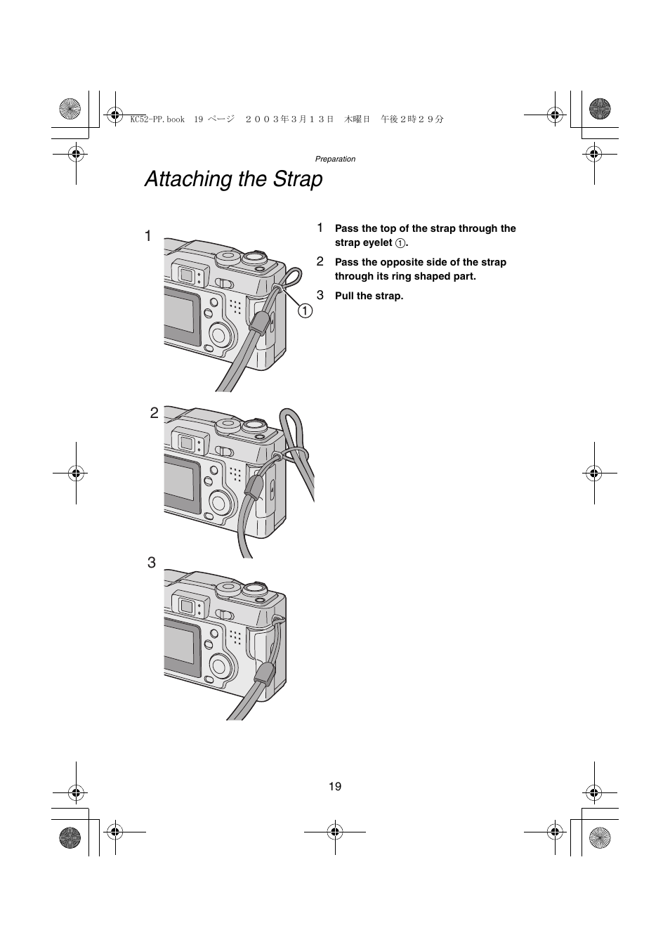 Attaching the strap | Panasonic DMC-LC33PP User Manual | Page 19 / 104