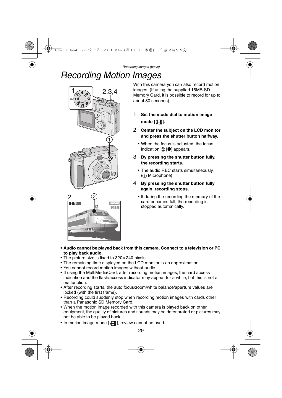 Recording motion images | Panasonic DMC-LC33PP User Manual | Page 29 / 104
