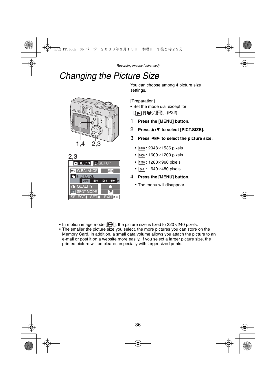 Changing the picture size | Panasonic DMC-LC33PP User Manual | Page 36 / 104