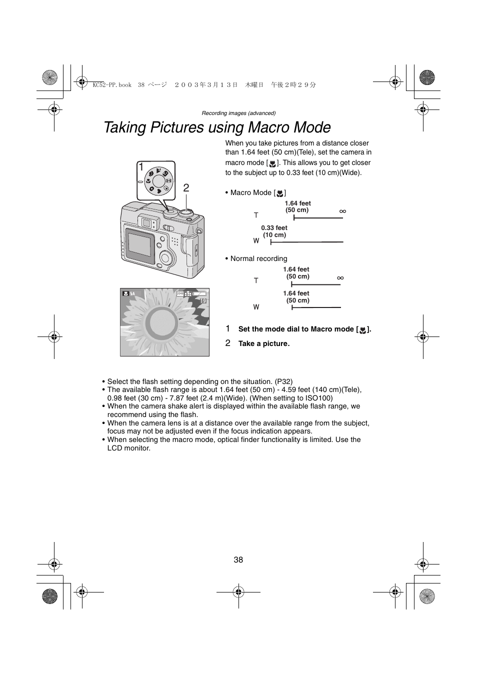 Taking pictures using macro mode | Panasonic DMC-LC33PP User Manual | Page 38 / 104