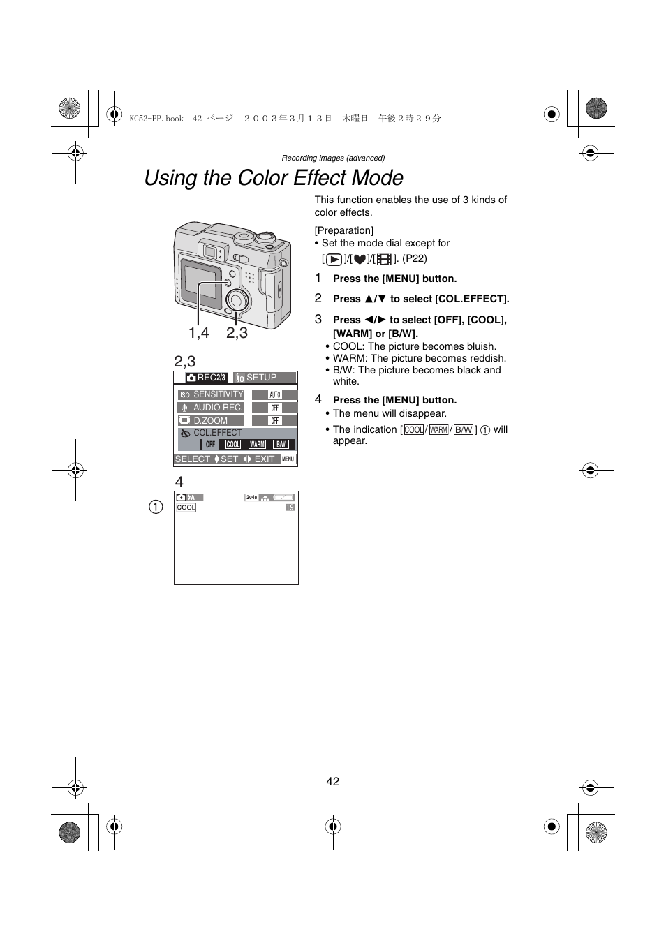 Using the color effect mode | Panasonic DMC-LC33PP User Manual | Page 42 / 104