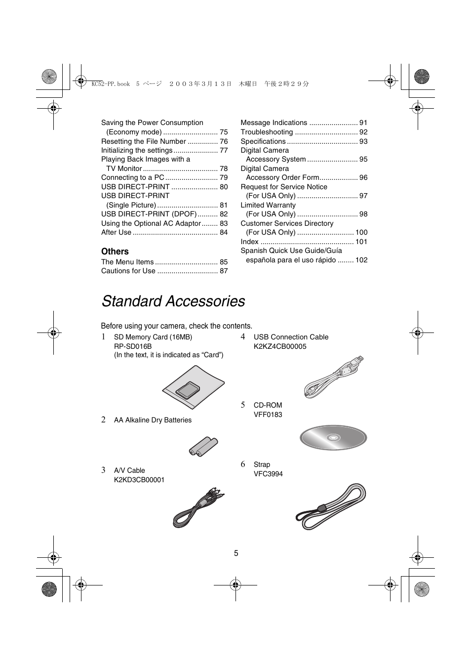 Standard accessories | Panasonic DMC-LC33PP User Manual | Page 5 / 104