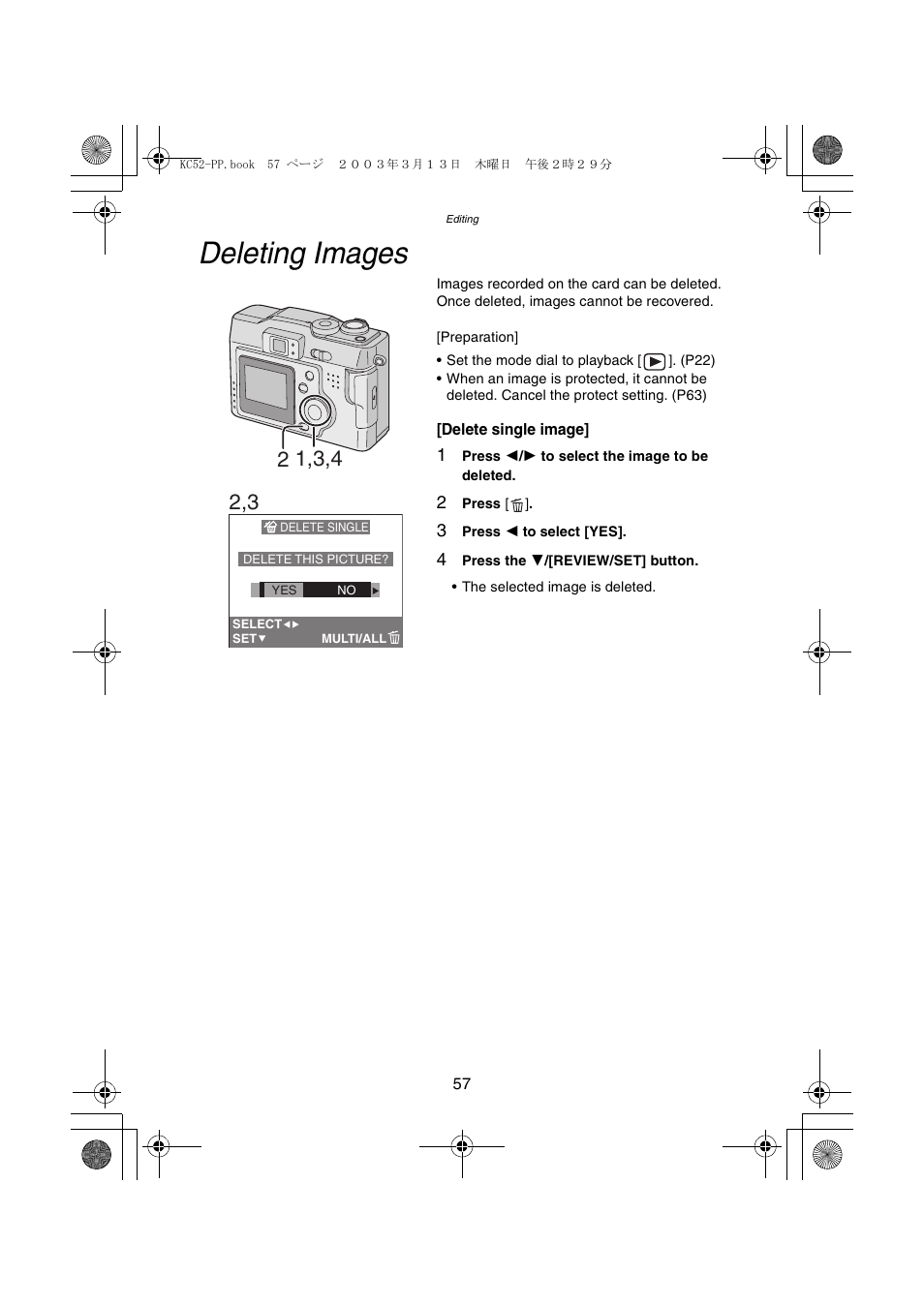 Deleting images | Panasonic DMC-LC33PP User Manual | Page 57 / 104