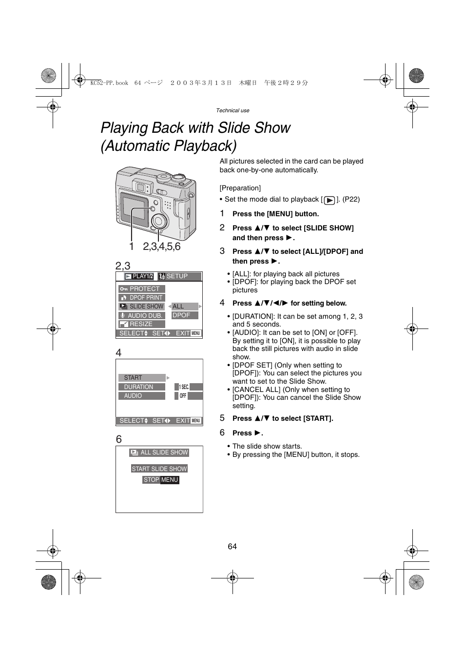 Playing back with slide show (automatic playback) | Panasonic DMC-LC33PP User Manual | Page 64 / 104