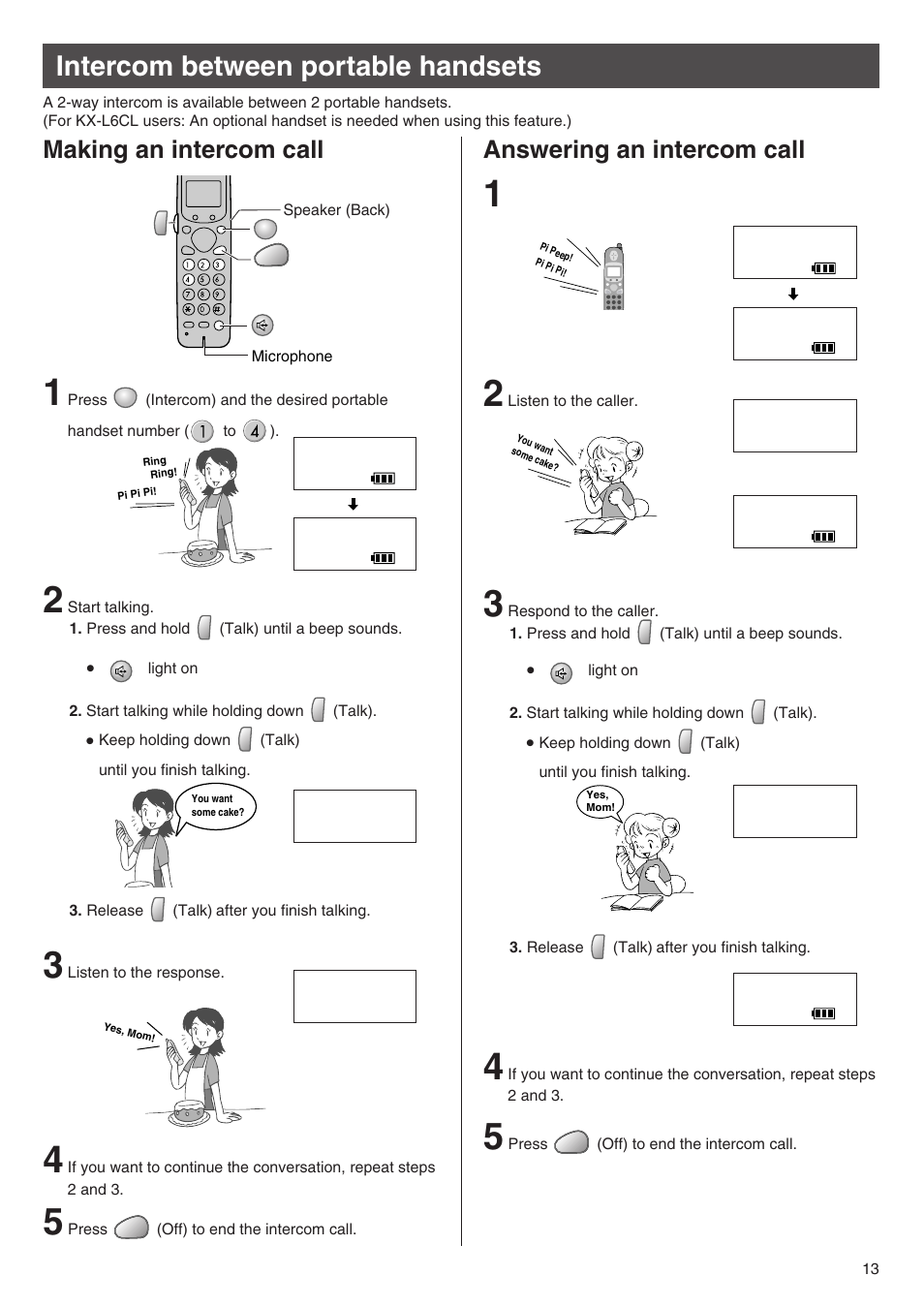 Intercom between portable handsets, Making an intercom call answering an intercom call | Panasonic KX-L6CL User Manual | Page 13 / 28