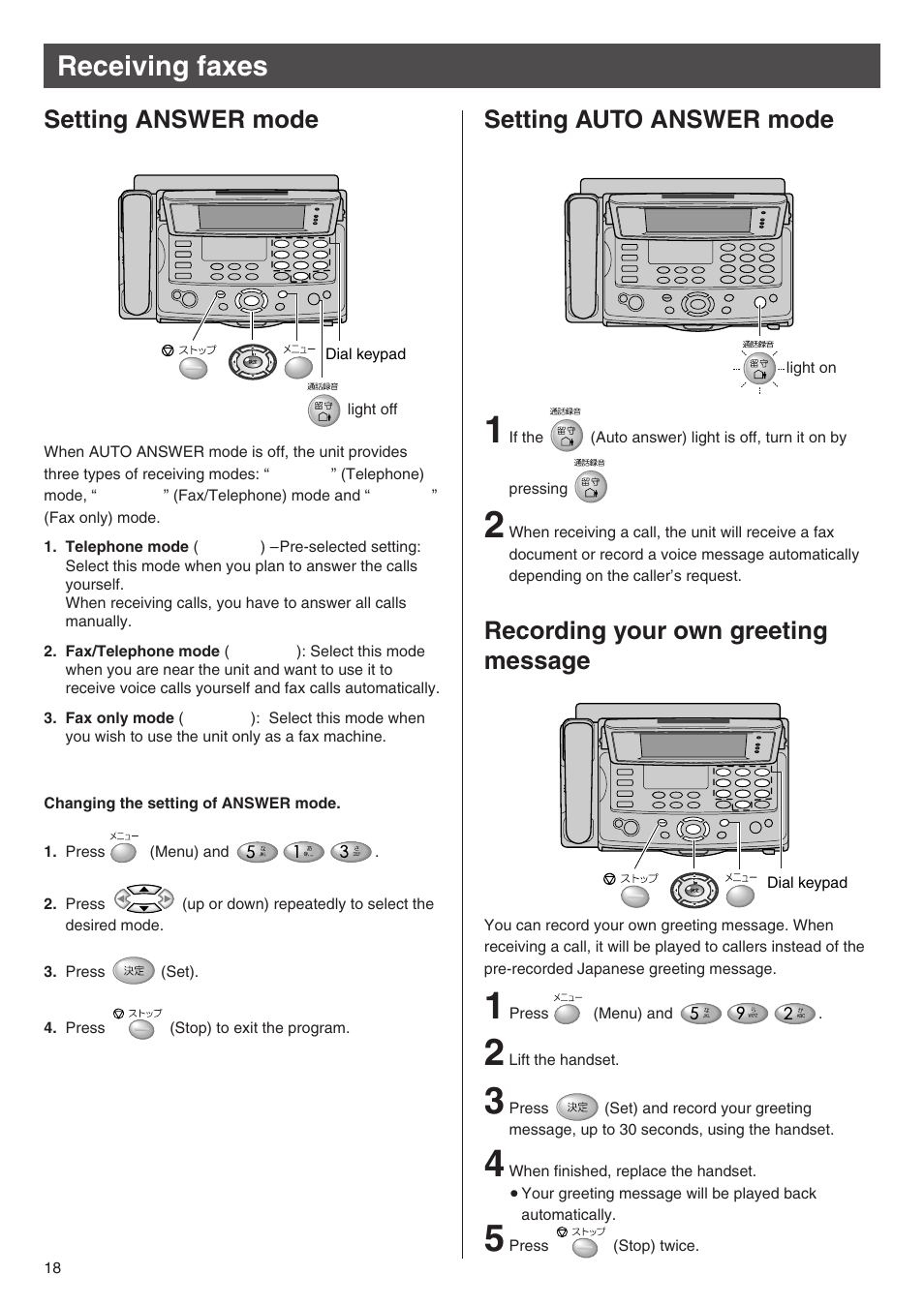 Receiving faxes, Recording your own greeting message, Setting auto answer mode | Setting answer mode | Panasonic KX-L6CL User Manual | Page 18 / 28