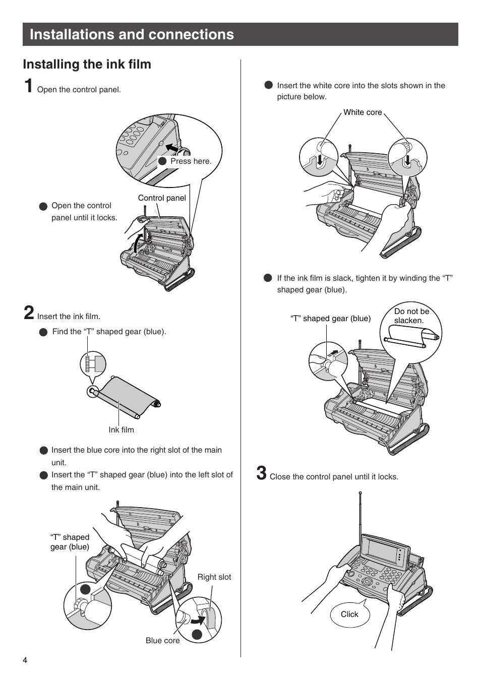 Installations and connections, Installing the ink film | Panasonic KX-L6CL User Manual | Page 4 / 28