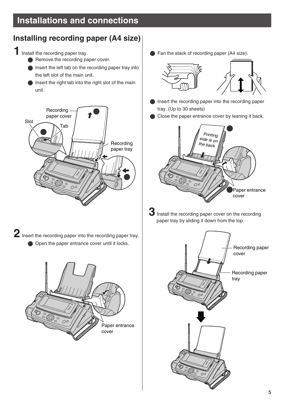 Installations and connections, Installing recording paper (a4 size) | Panasonic KX-L6CL User Manual | Page 5 / 28