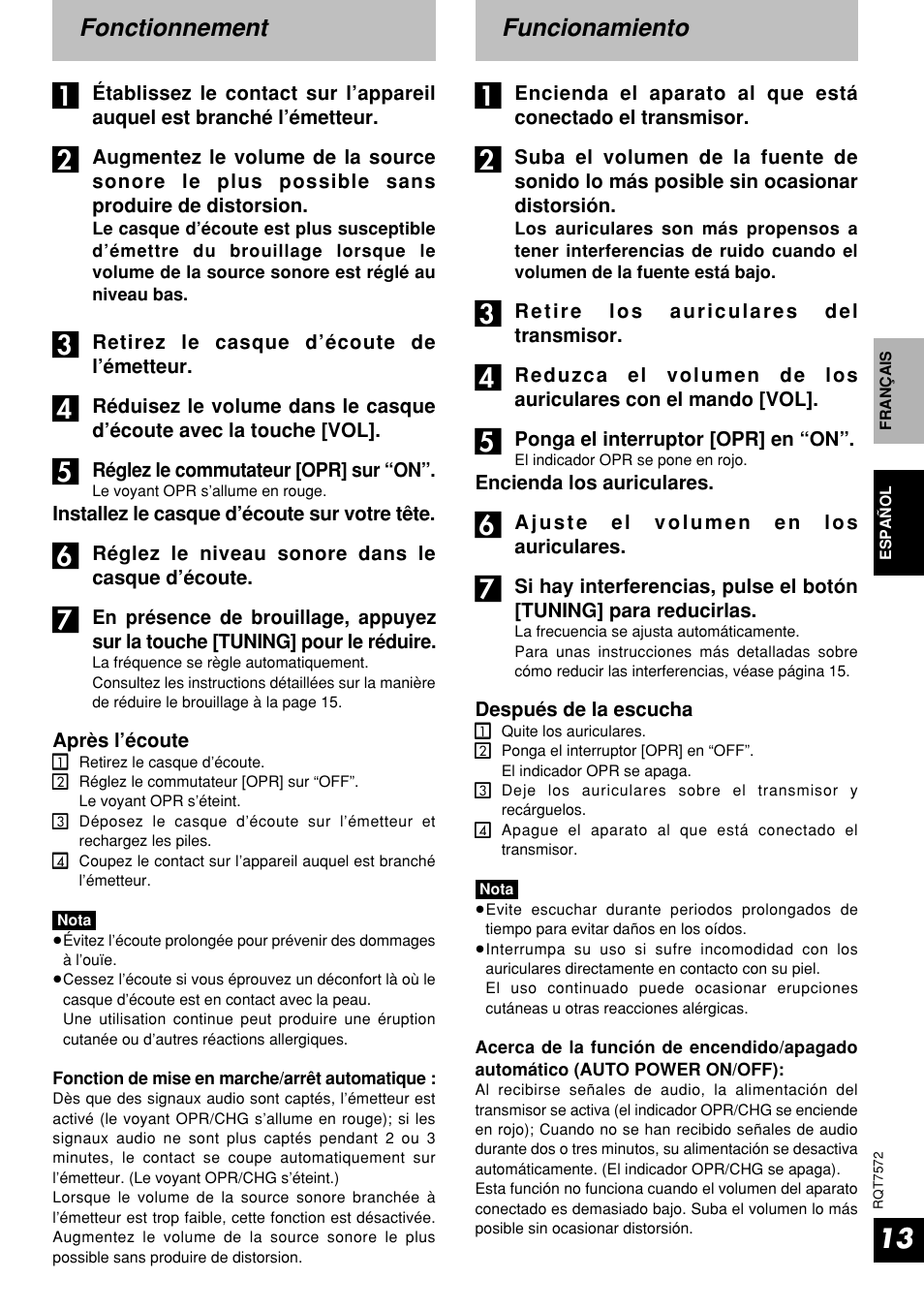 Fonctionnement, Funcionamiento | Panasonic RP WF930 User Manual | Page 13 / 20