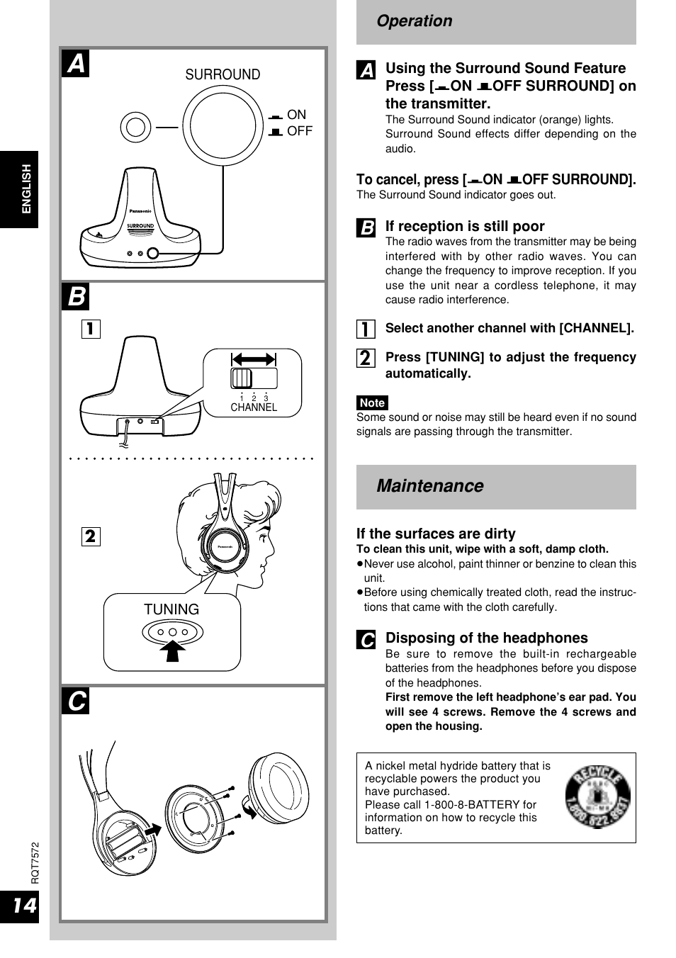 Maintenance, Ab c | Panasonic RP WF930 User Manual | Page 14 / 20