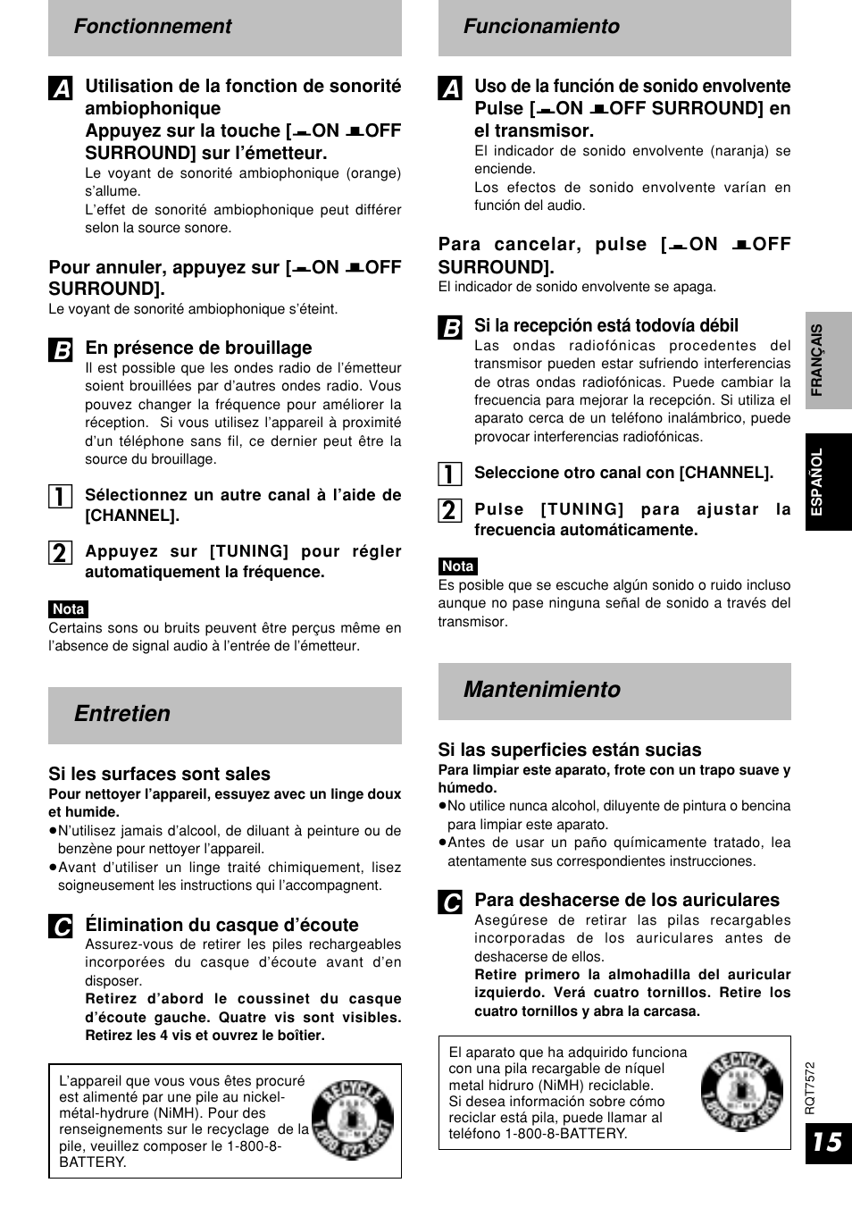 Entretien, Mantenimiento | Panasonic RP WF930 User Manual | Page 15 / 20