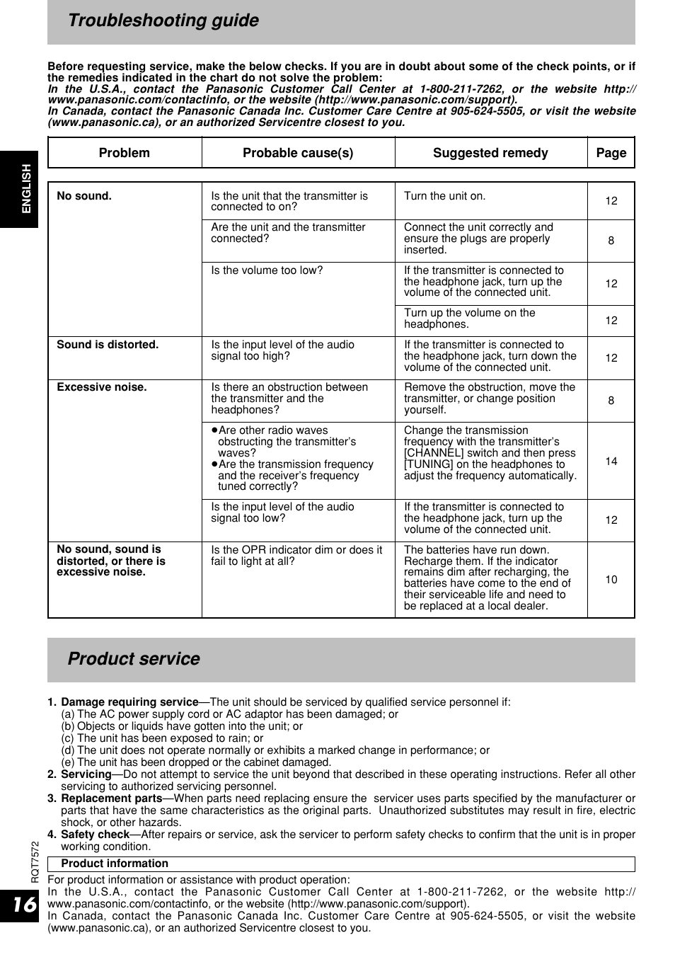Troubleshooting guide, Product service | Panasonic RP WF930 User Manual | Page 16 / 20