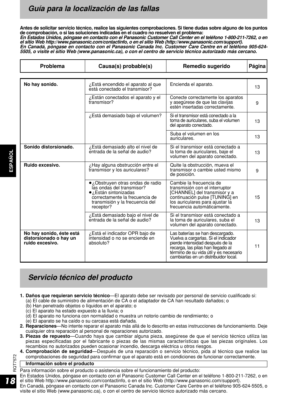 Guia para la localizacion de las fallas, Servicio tecnico del producto, Guía para la localización de las fallas | Servicio técnico del producto | Panasonic RP WF930 User Manual | Page 18 / 20