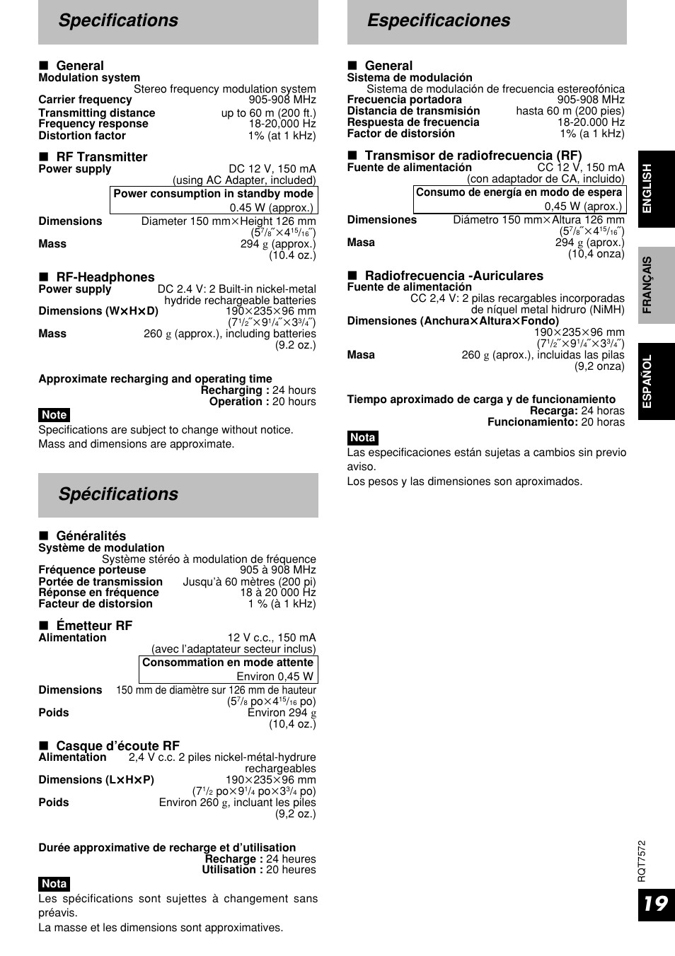 Specifications, Especificaiones, Spécifications | Especificaciones, General, Rf transmitter, Rf-headphones, Généralités, Émetteur rf, Casque d’écoute rf | Panasonic RP WF930 User Manual | Page 19 / 20