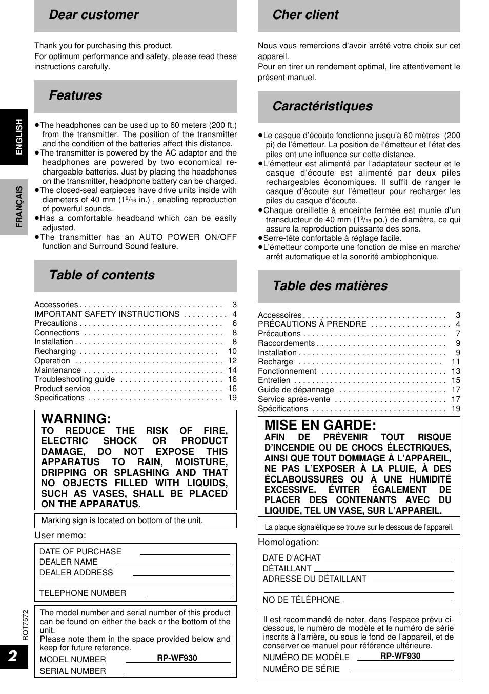 Panasonic RP WF930 User Manual | Page 2 / 20