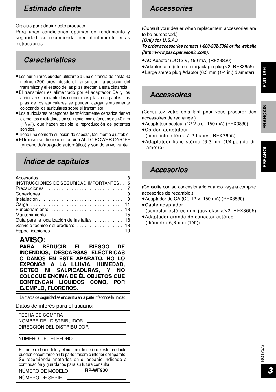 Accessories, Accessoires, Indice de capitulos | Accesorios, Aviso, Estimado cliente, Características, Índice de capítulos | Panasonic RP WF930 User Manual | Page 3 / 20