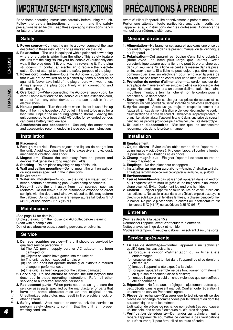 Important safety instructions, Precautions a prendre, Précautions à prendre | Safety, Installation, Maintenance, Service, Mesures de sécurité, Entretien, Service après-vente | Panasonic RP WF930 User Manual | Page 4 / 20