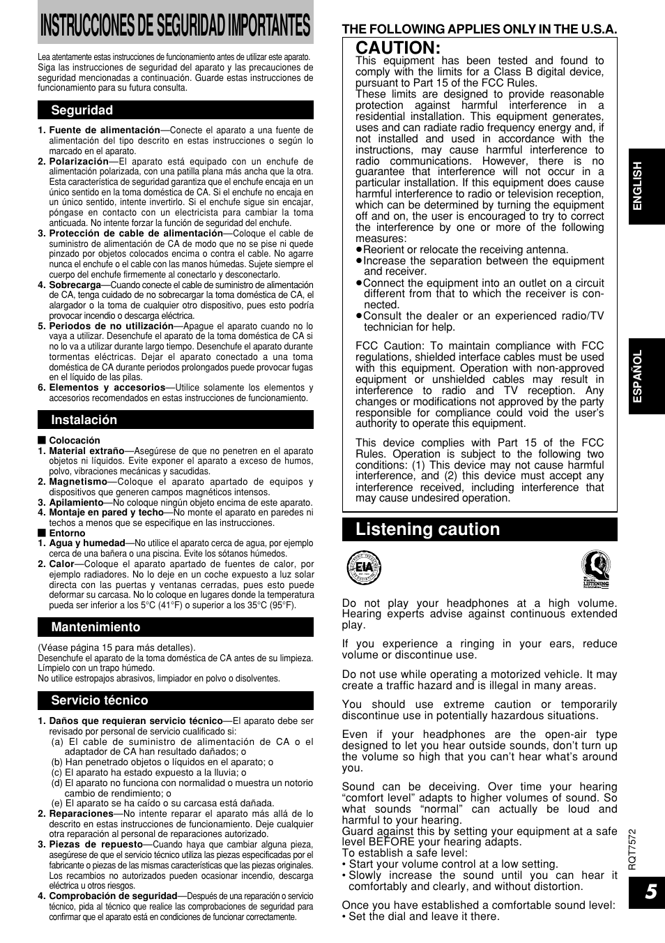 Instrucciones de seguridad importantes, Caution, Listening caution | The following applies only in the u.s.a, Seguridad, Instalación, Mantenimiento, Servicio técnico | Panasonic RP WF930 User Manual | Page 5 / 20