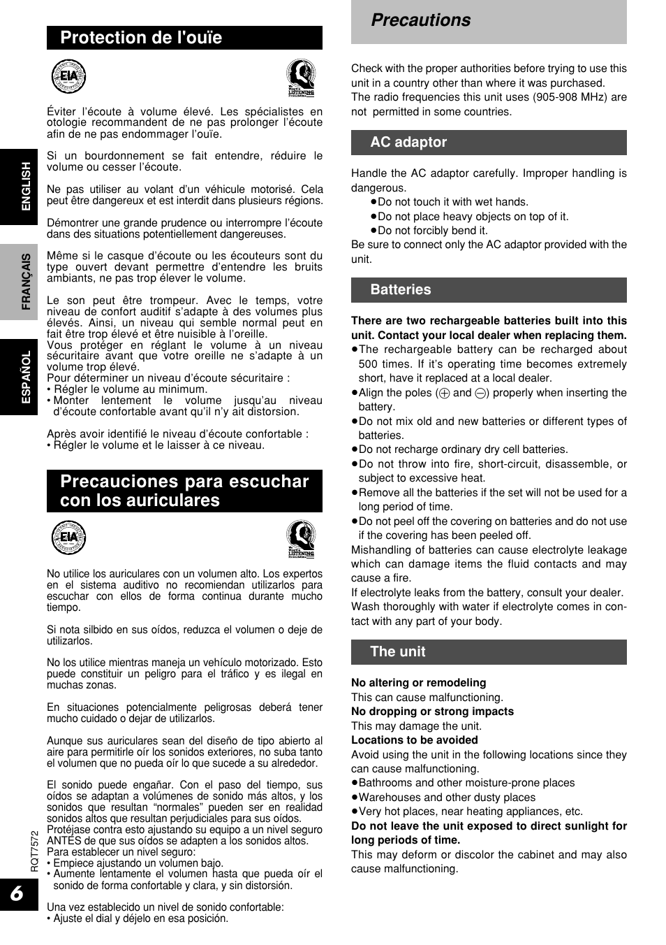 Precautions, Precauciones para escuchar con los auriculares, Protection de l'ouïe | Ac adaptor, Batteries, The unit, Fran ç ais espa ñ ol english english | Panasonic RP WF930 User Manual | Page 6 / 20