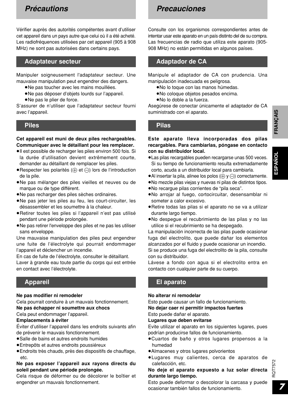 Precautions, Précautions, Precauciones | Adaptateur secteur, Piles, Appareil, Adaptador de ca, Pilas, El aparato | Panasonic RP WF930 User Manual | Page 7 / 20