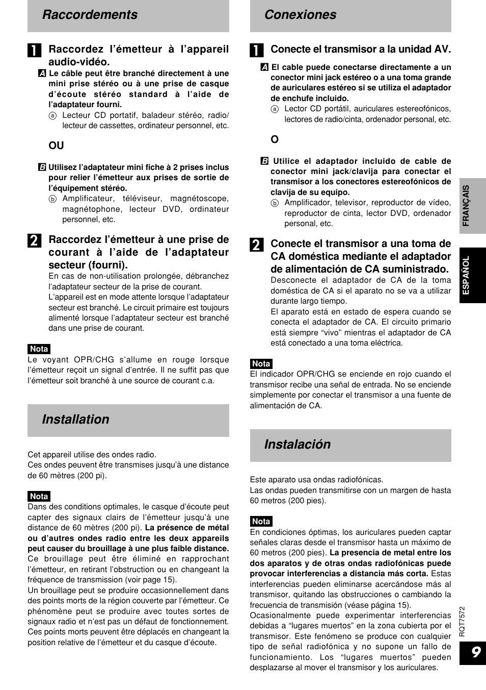 Raccordements, Installation, Conexiones | Instalacion, Instalación | Panasonic RP WF930 User Manual | Page 9 / 20