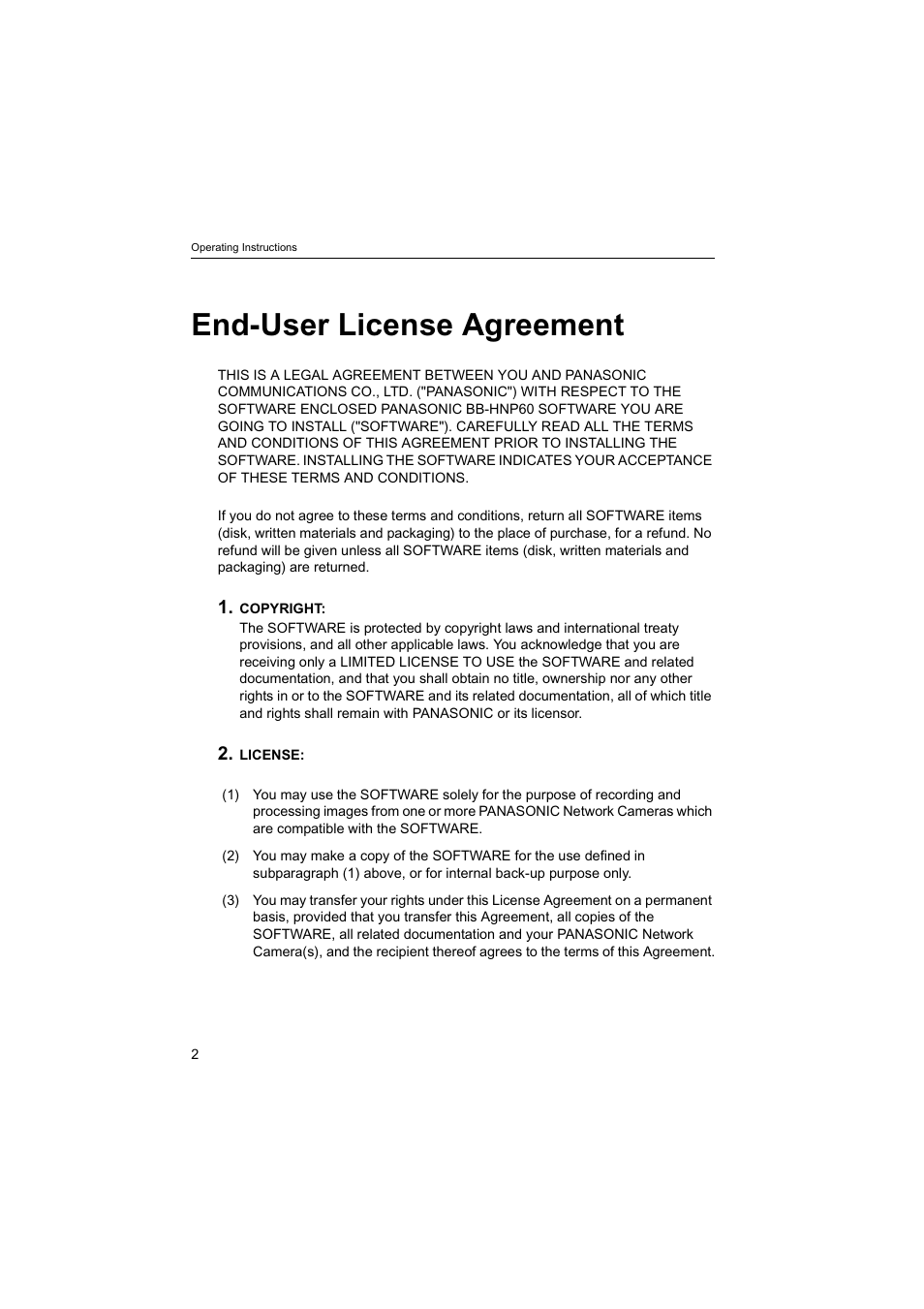 End-user license agreement | Panasonic BB-HNP60 User Manual | Page 2 / 86