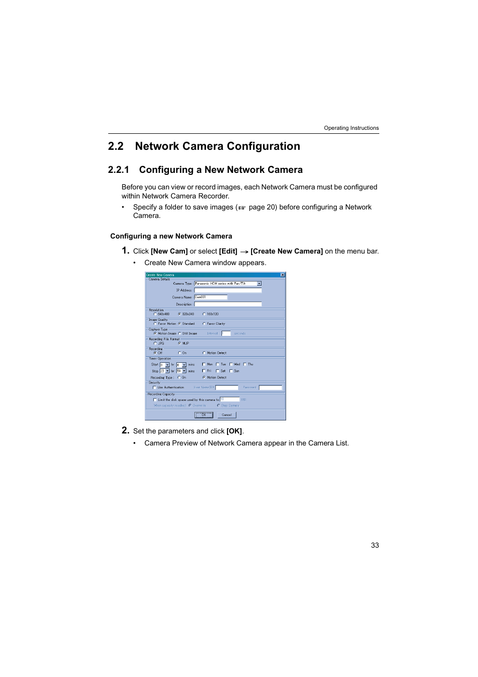 2network camera configuration, 1configuring a new network camera, Ge 33 | 2 network camera configuration | Panasonic BB-HNP60 User Manual | Page 33 / 86