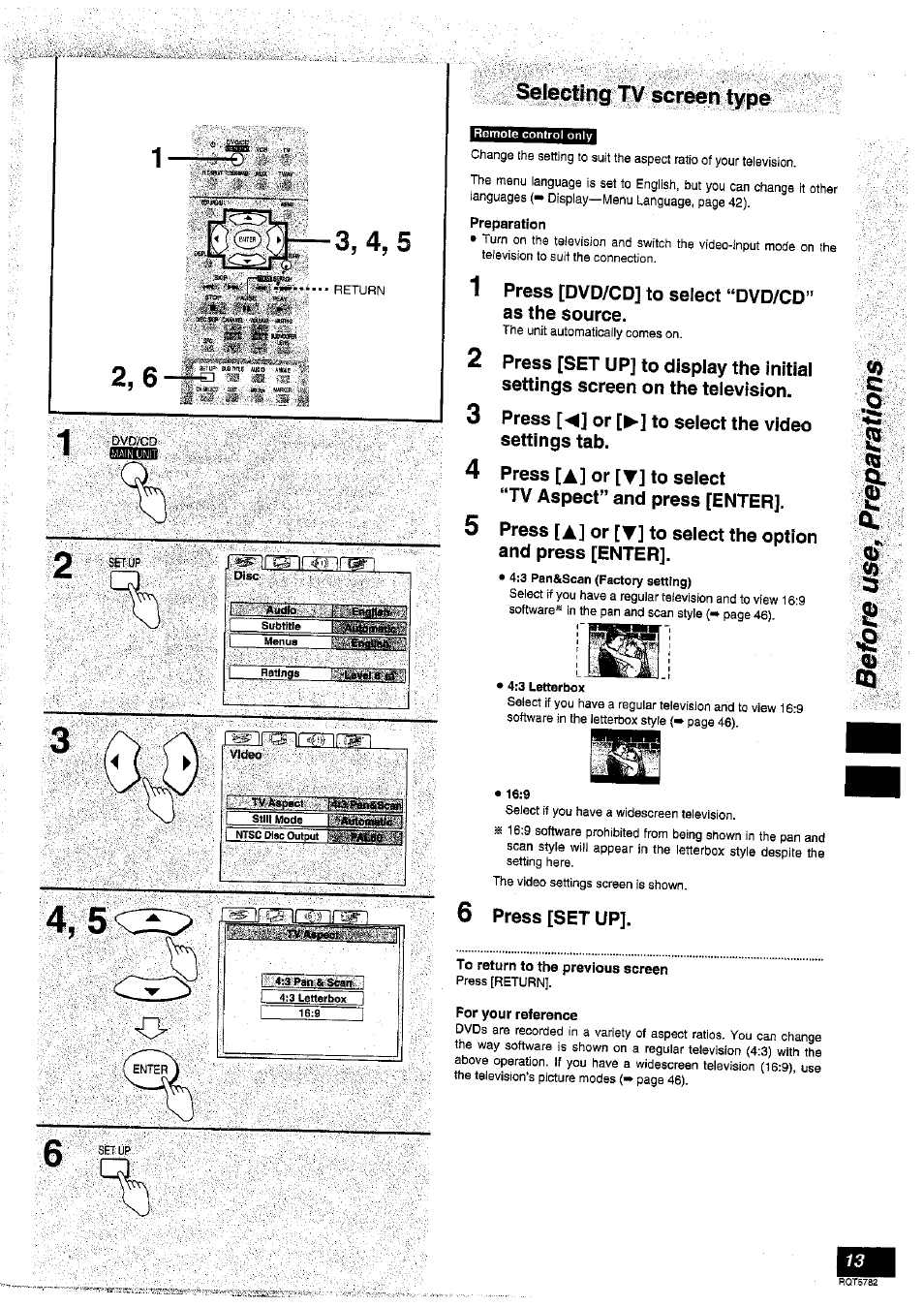 Sele^ing ‘w scroti type, Preparation, To return to the previous screen | For your reference | Panasonic SC-HT70 User Manual | Page 13 / 52