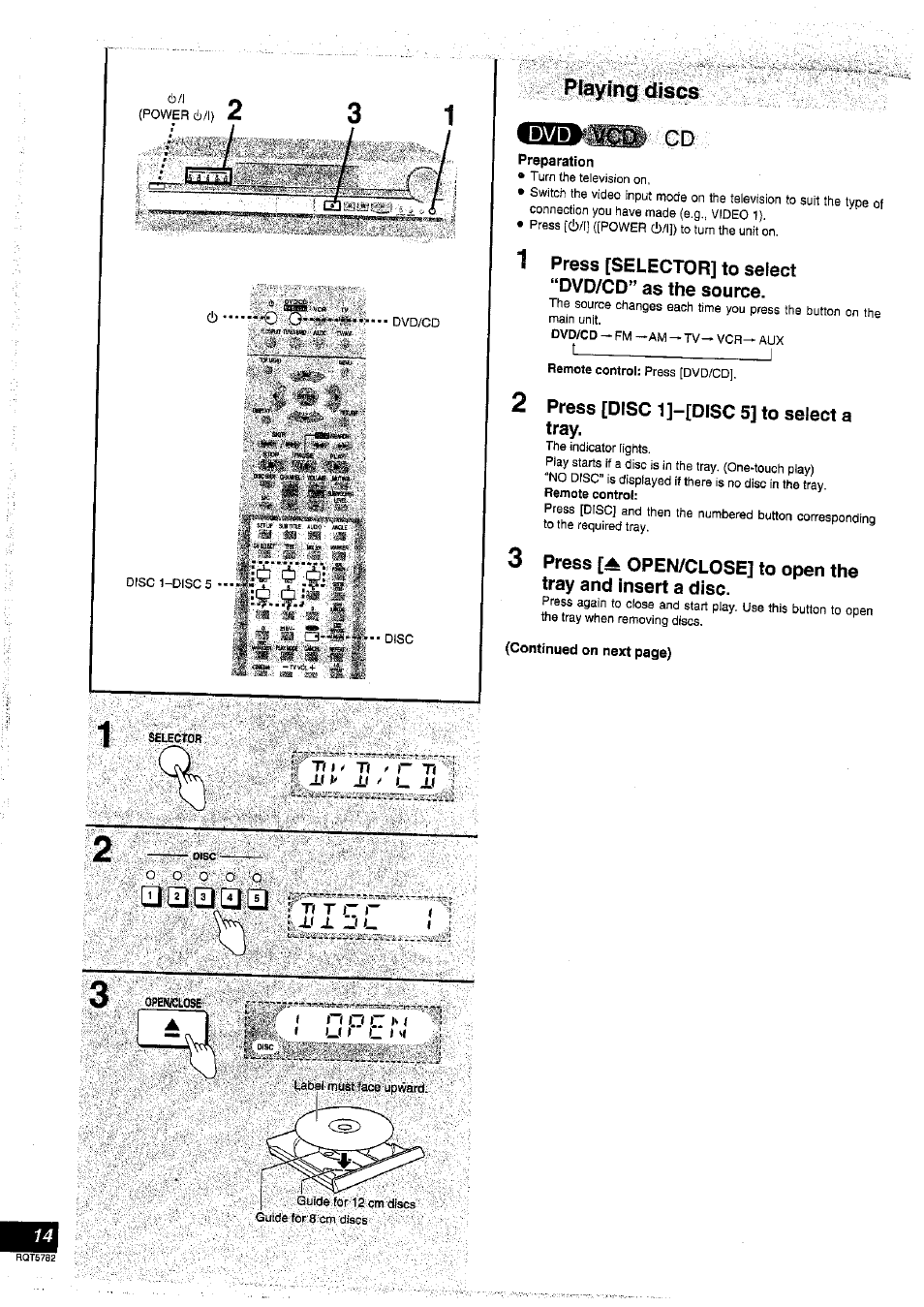 Playing discs, Preparation, Press [selector] to select “dvd/cd” as the source | 2 press [disc 1]-[disc 5] to select a tray, Piaying discs | Panasonic SC-HT70 User Manual | Page 14 / 52