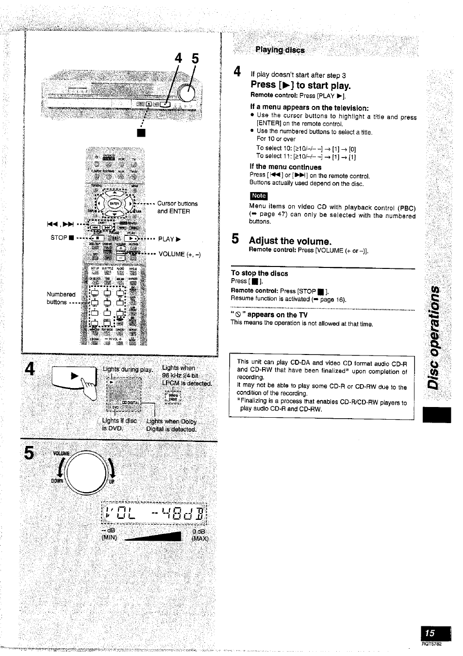 If a menu appears on the television, If the menu continues, 5 adjust the volume | To stop the discs, Appears on the tv, O ò *i; f, Press [►] to start play, Adjust the volume, F u u m | Panasonic SC-HT70 User Manual | Page 15 / 52