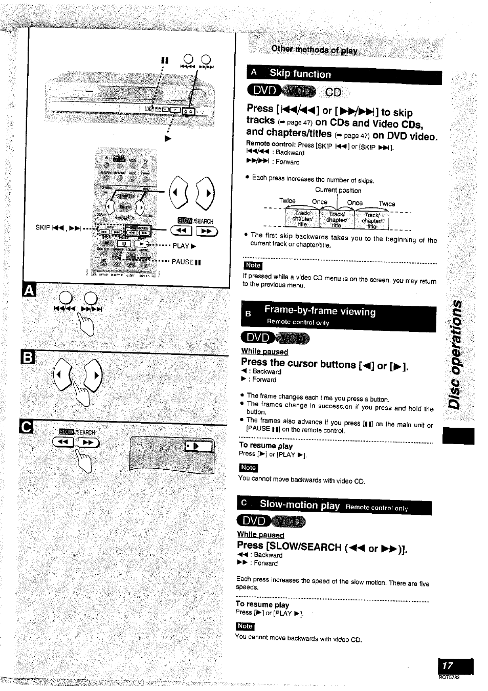 A skip function, Cs&9, Frame-by-frame viewing | While paused, Press the cursor buttons [^] or, To resume play, Ises3, Press [slow/search (◄◄ or ►►), Skip function frame-by-frame viewing, Skip function | Panasonic SC-HT70 User Manual | Page 17 / 52