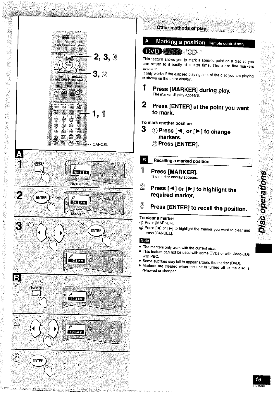 A marking a position remote control only, 1 press [marker] during play, 2 press [enter] at the point you want to mark | To mark another position, 3 © press [◄] or [►] to change, Markers, Press [enter, Recalling a marked position, H press [marker, Press [◄] or [►] to highlight the required marker | Panasonic SC-HT70 User Manual | Page 19 / 52