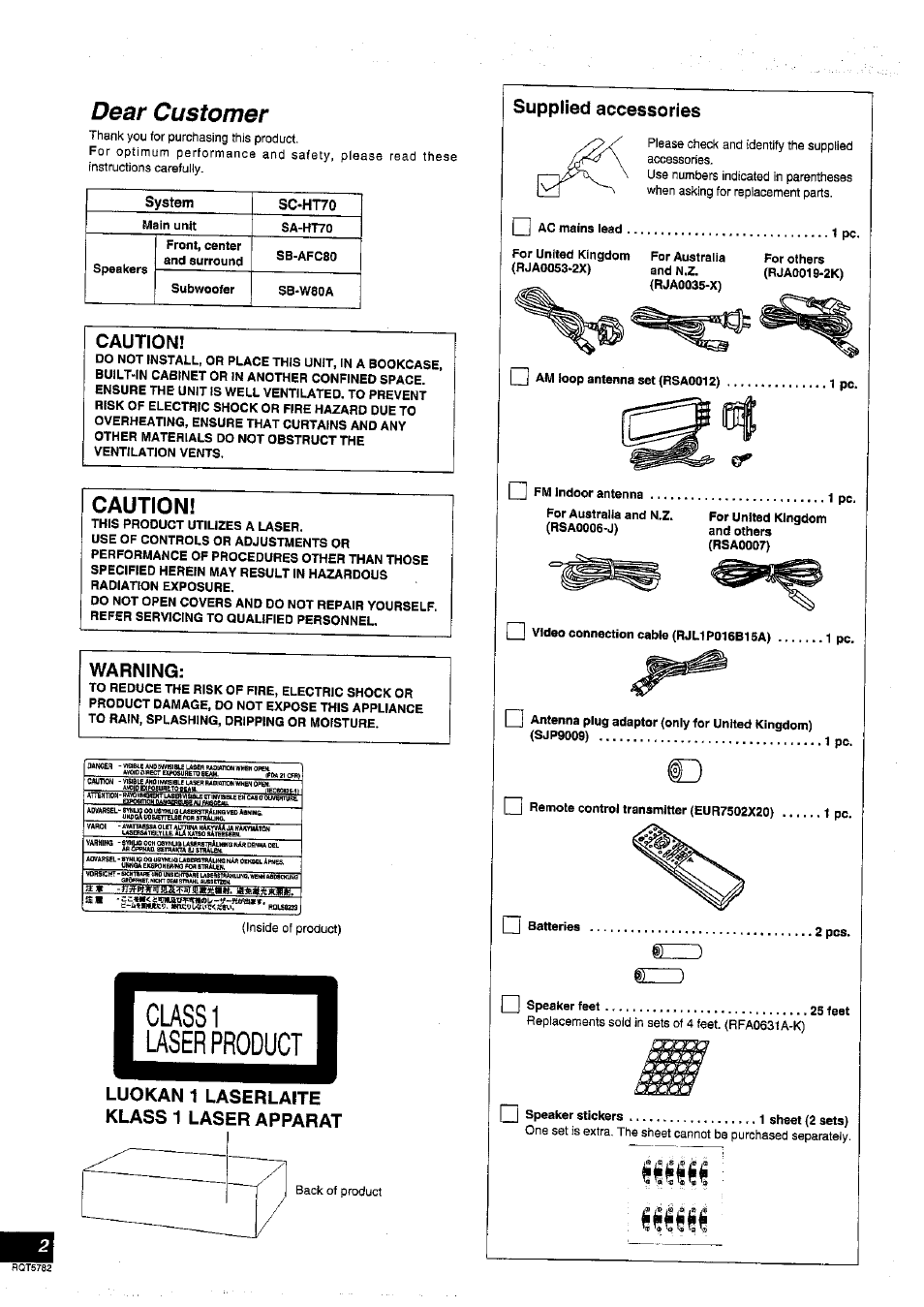 Caution, Warning, Supplied accessories | Luokan 1 laserlaite klass 1 laser apparai, Dear customer, Izzd i i | Panasonic SC-HT70 User Manual | Page 2 / 52