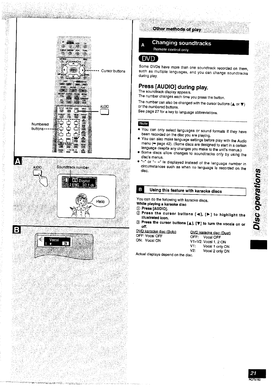 Changing soundtracks, Press [audio] during play, Using this feature with karaoke discs | M^: c, M: -s2 q | Panasonic SC-HT70 User Manual | Page 21 / 52