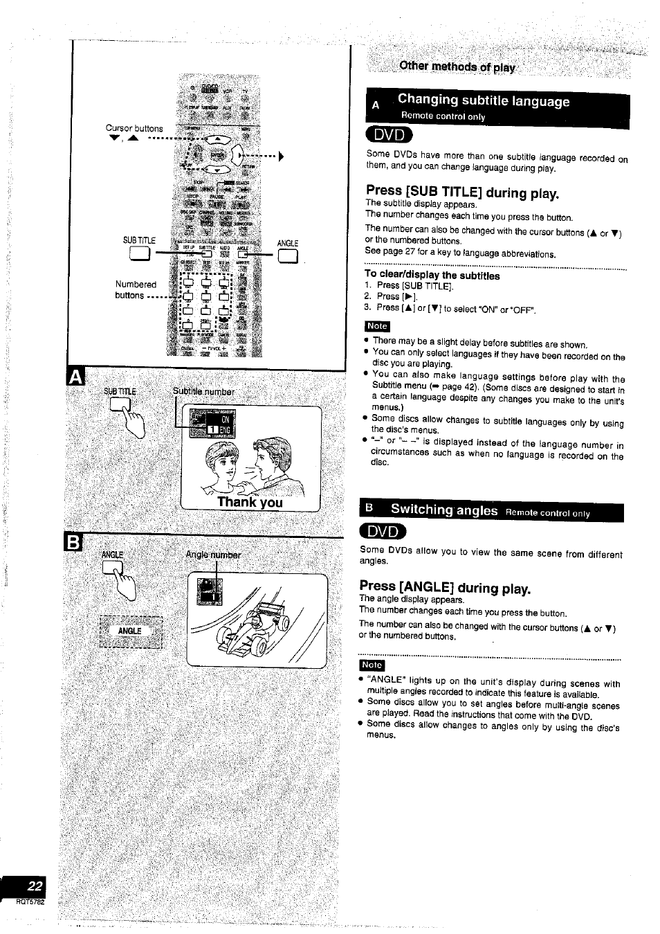 Changing subtitle language, Press [sub title] during play, To clear/display the subtitles | Press [angle] during play, Switching angles | Panasonic SC-HT70 User Manual | Page 22 / 52