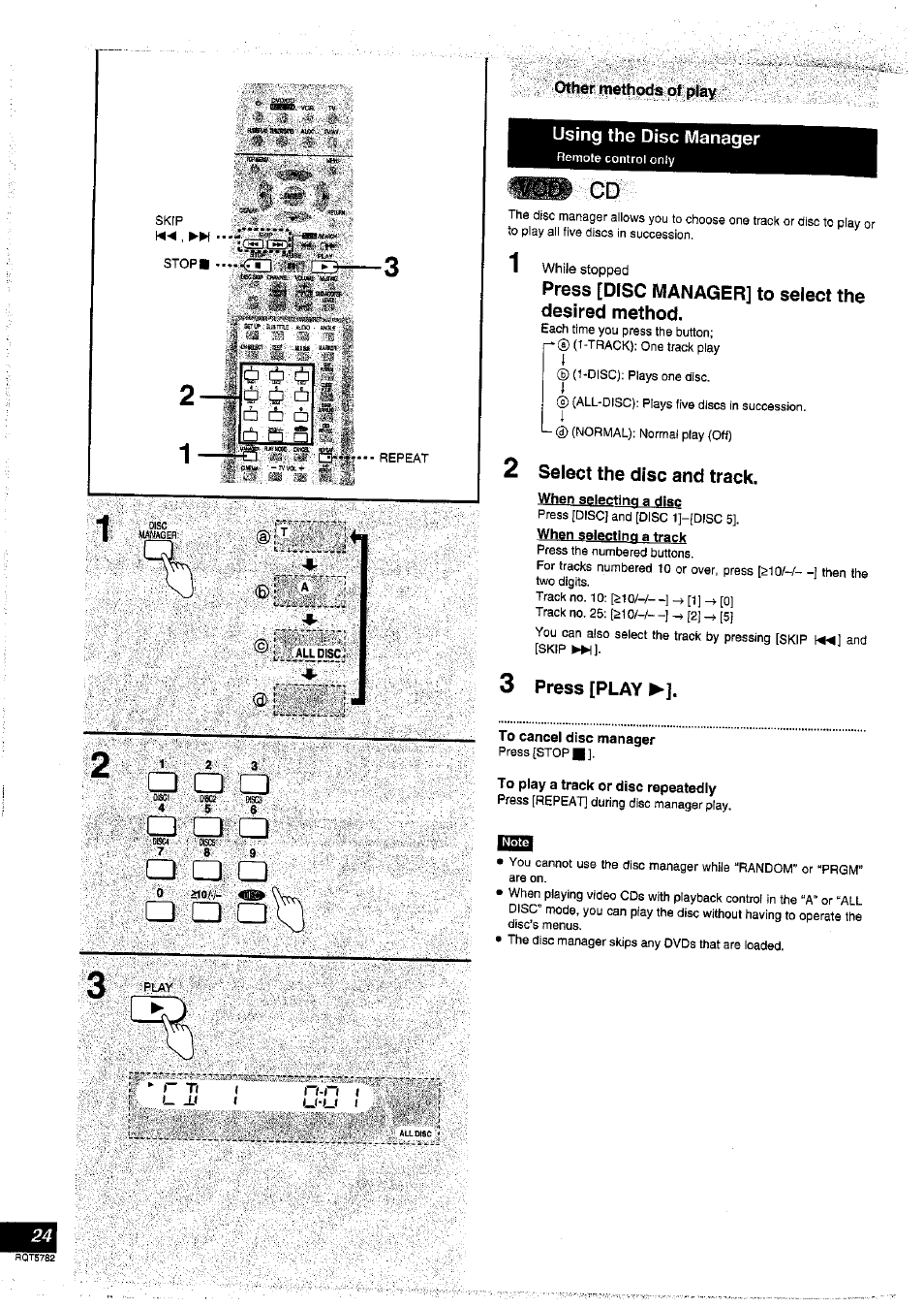 Using the disc manager, Press [disc manager] to select the desired method, Select the disc and track | When selecting a disc, When jel^ting^ trgpk, Press [play | Panasonic SC-HT70 User Manual | Page 24 / 52