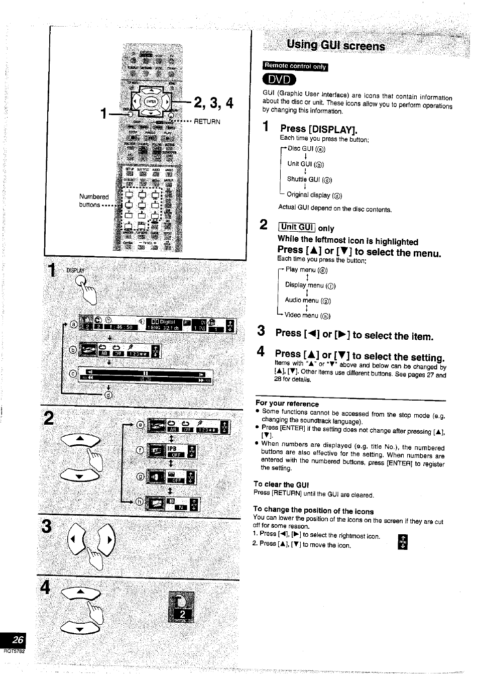 Screens, Press [display, Press [a] or [t] to select the menu | For your reference, To clear the gui, To change the position of the icons | Panasonic SC-HT70 User Manual | Page 26 / 52