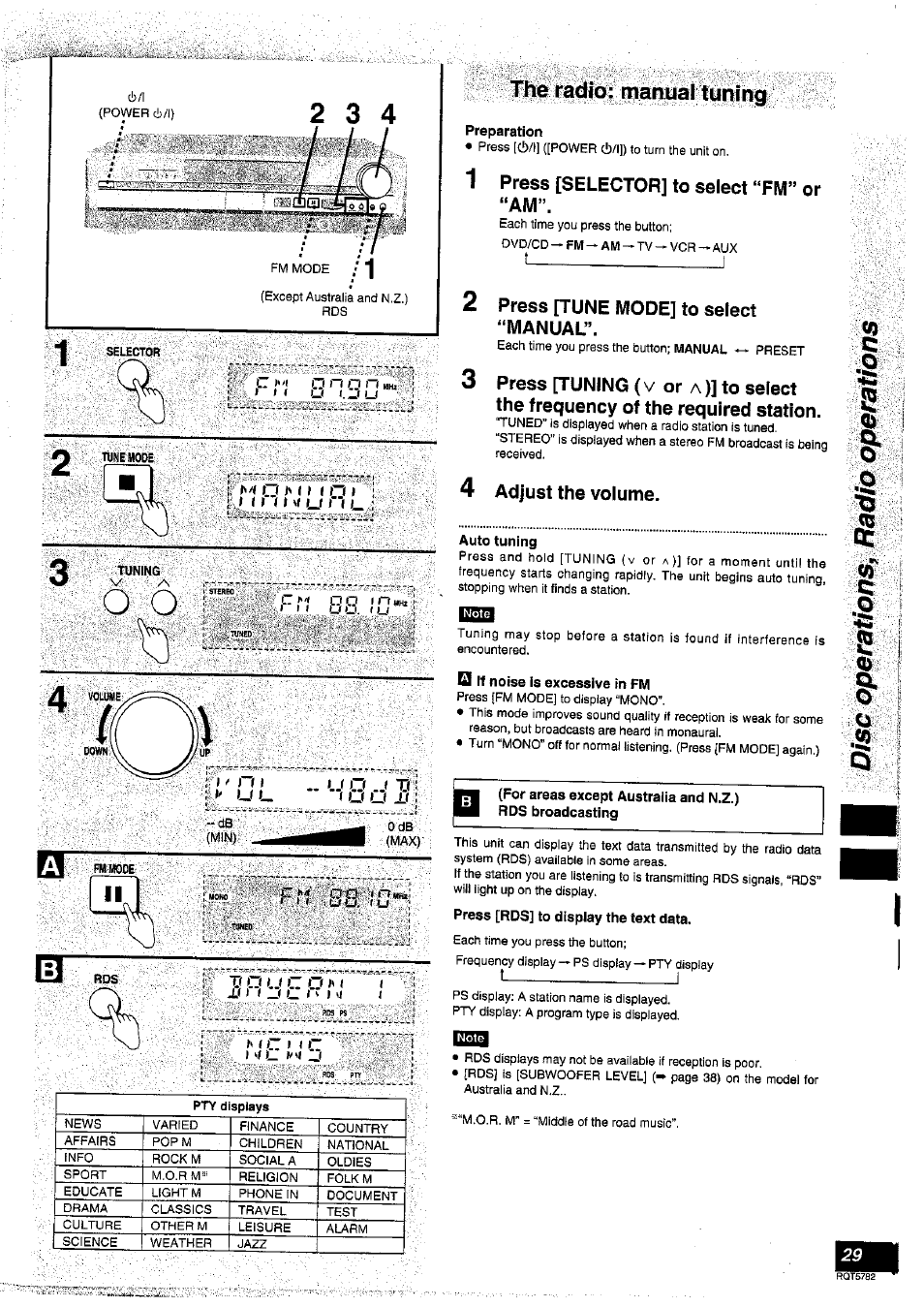 Thíe radio: nriahual tuning, Preparation, 1 press [selector] to select “fm” or “am | 2 press [tune mode] to select “manual, 4 adjust the volume, Auto tuning, Q if noise is excessive in fm, Press [rds] to display the text data, The radio; manual tuning, Eïslsïïiîlbffîiïli | Panasonic SC-HT70 User Manual | Page 29 / 52
