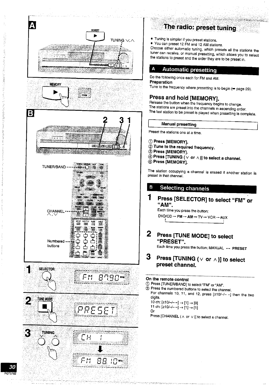The radio: preset tuning, A autornatie presetting, Preparation | Press and hold [memory, D press [memory, D tune to the required frequency, Press [memory, Press [tuning (v or a )] to select a channel, B selecting channels, 1 press [selector] to select "fm” or “am | Panasonic SC-HT70 User Manual | Page 30 / 52