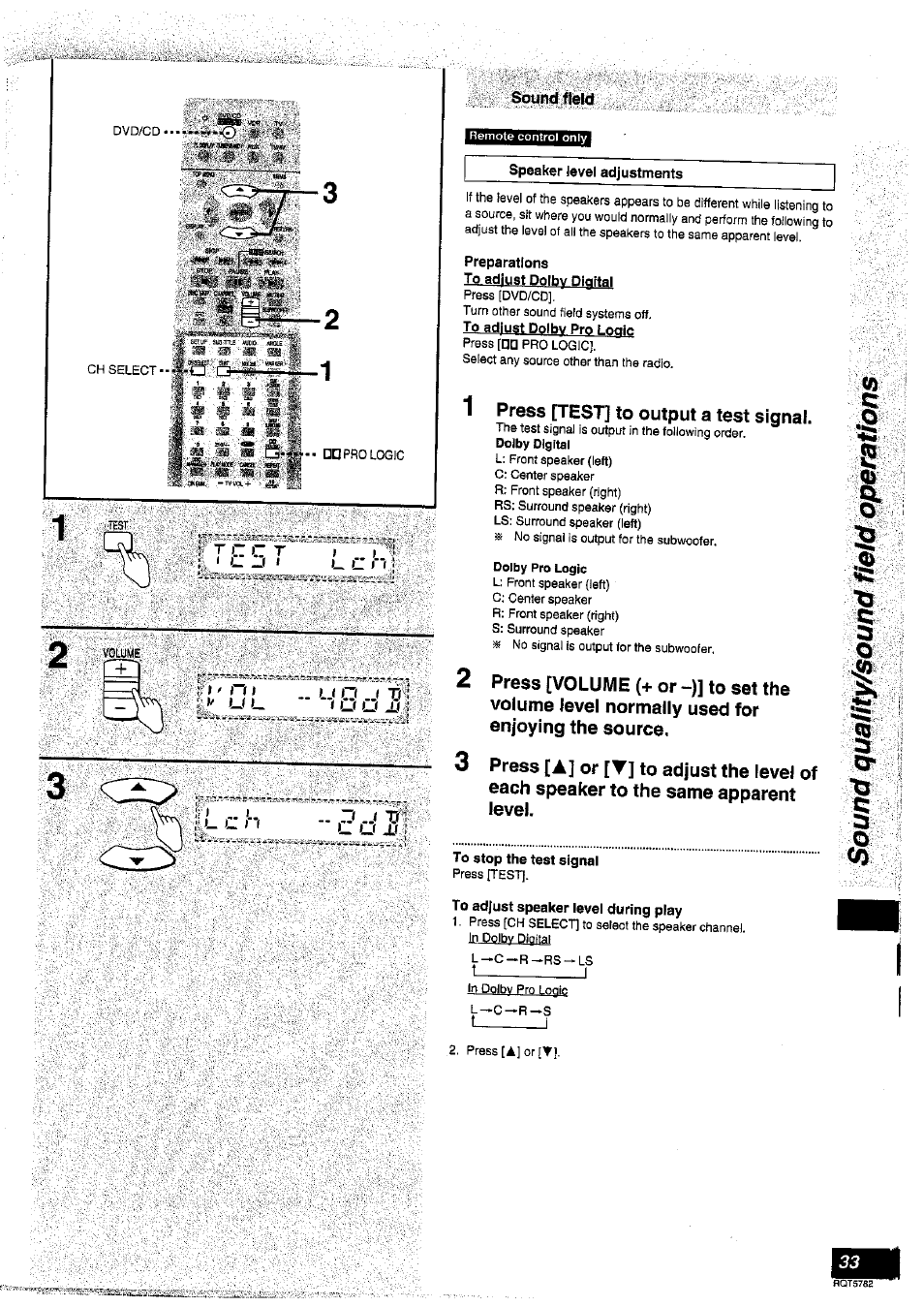 Preparations to adjust dolby digital, 1 press [test] to output a test signal, 2 press [volume (+or-)] to set the | Volume level normally used for enjoying the source | Panasonic SC-HT70 User Manual | Page 33 / 52