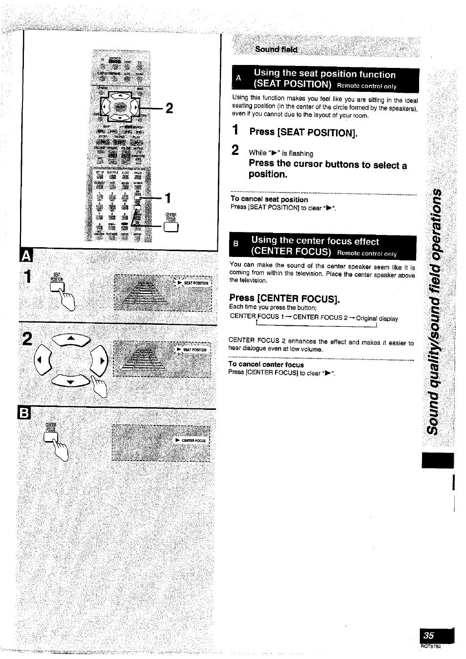 1 press [seat position, Press the cursor buttons to select a position, To cancel seat position | Press [center focus, To cancei center focus | Panasonic SC-HT70 User Manual | Page 35 / 52
