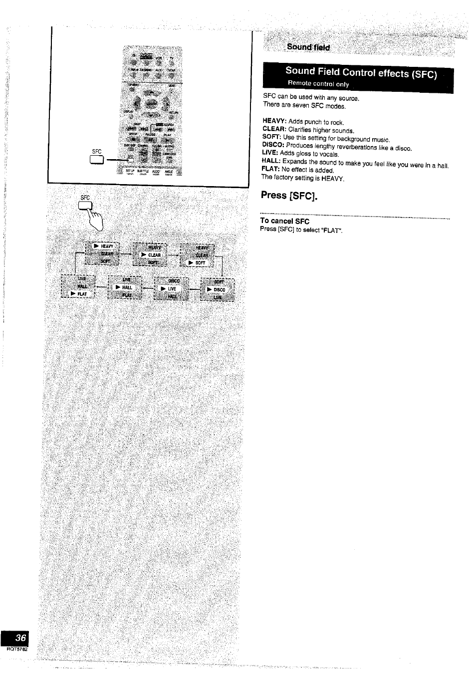 Sound field control effects (sfc), Press [sfc, To cancel sfc | Panasonic SC-HT70 User Manual | Page 36 / 52