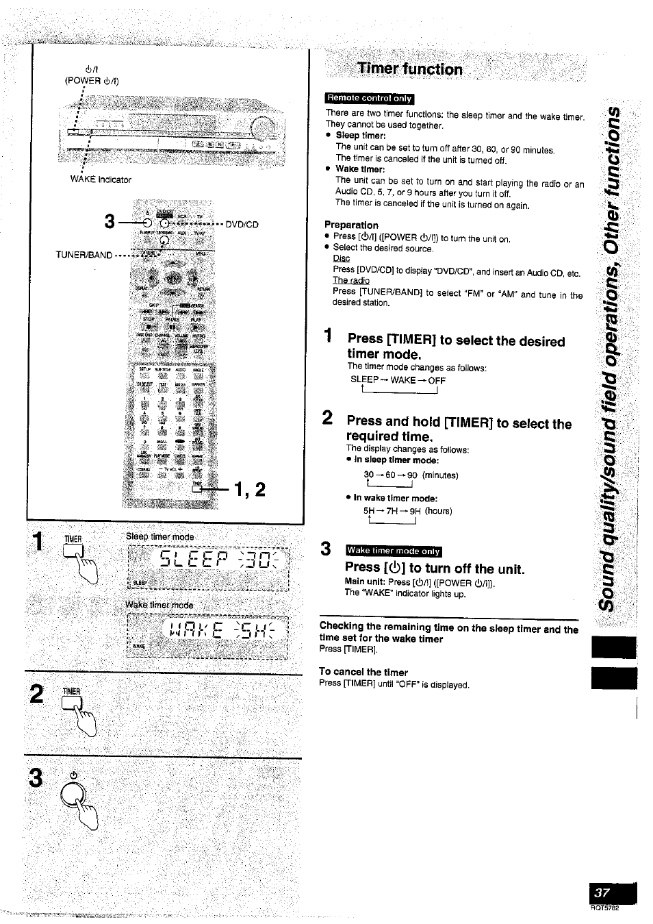 Fimer ftihction, Preparation, Press [timer] to select the desired timer mode | Press and hold [timer] to select the required time, Press [(!)] to turn off the unit, To cancel the timer | Panasonic SC-HT70 User Manual | Page 37 / 52