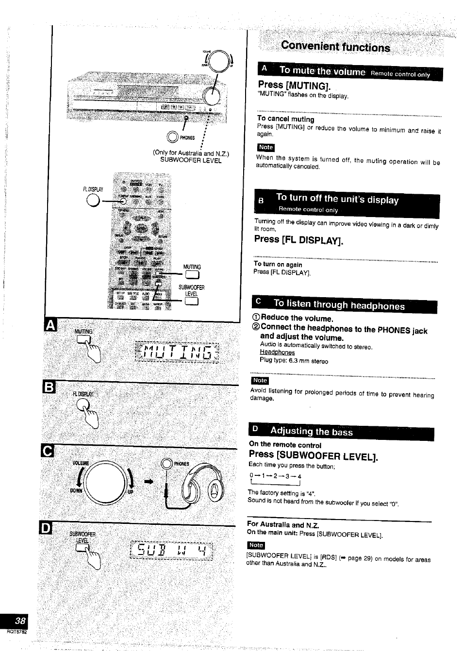 Conivenient functions, To cancel muting, Nrna | To turn off the unit’s display, Press [fl display, To listen through headphones, D adjusting the bass, For australia and n.z, Bs13, Convenient functions | Panasonic SC-HT70 User Manual | Page 38 / 52