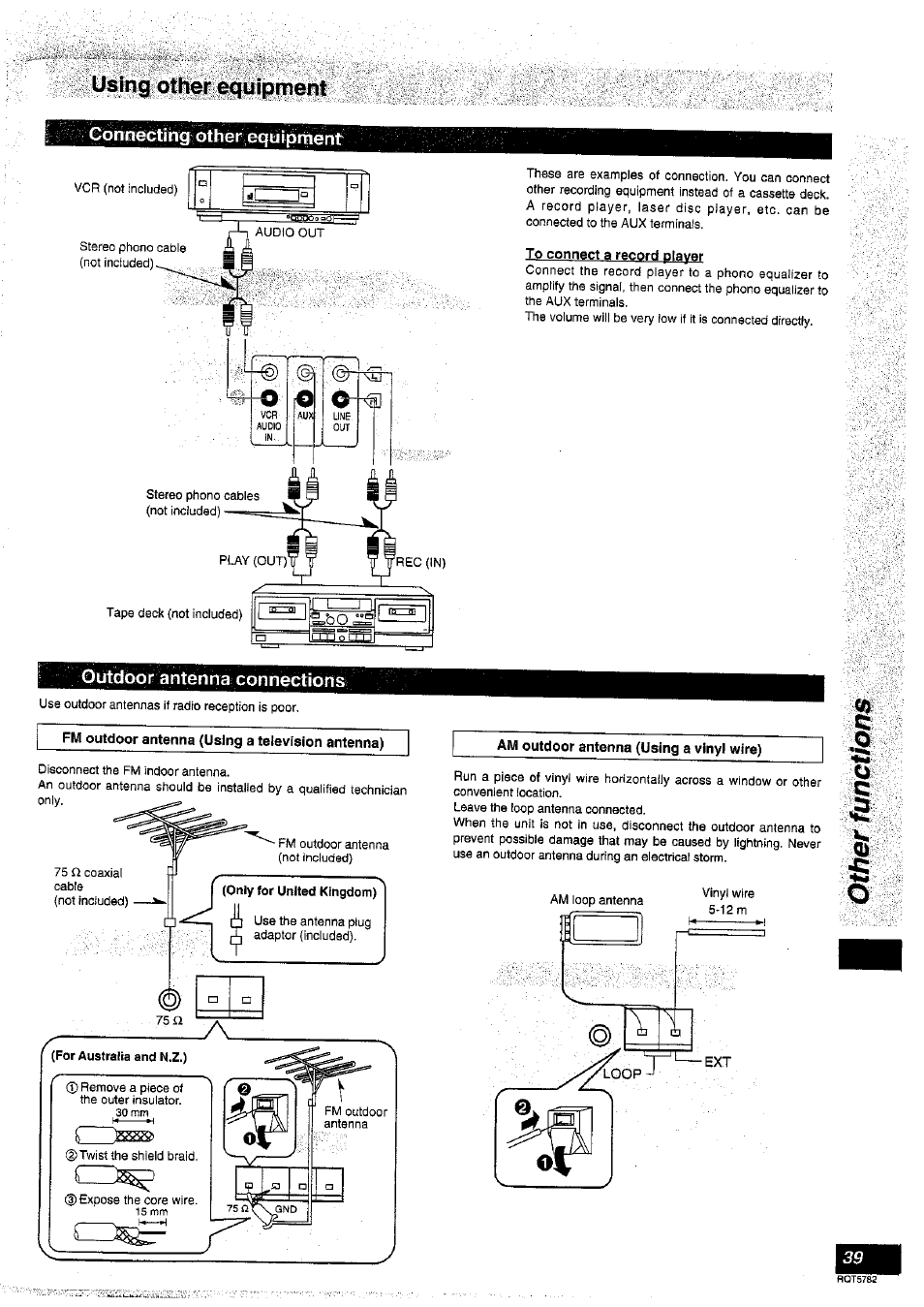 Connecting other equijim, To connect a record player, Outdoor anténna connections | Fm outdoor antenna (using a television antenna), Am outdoor antenna (using a vinyl wire) | Panasonic SC-HT70 User Manual | Page 39 / 52